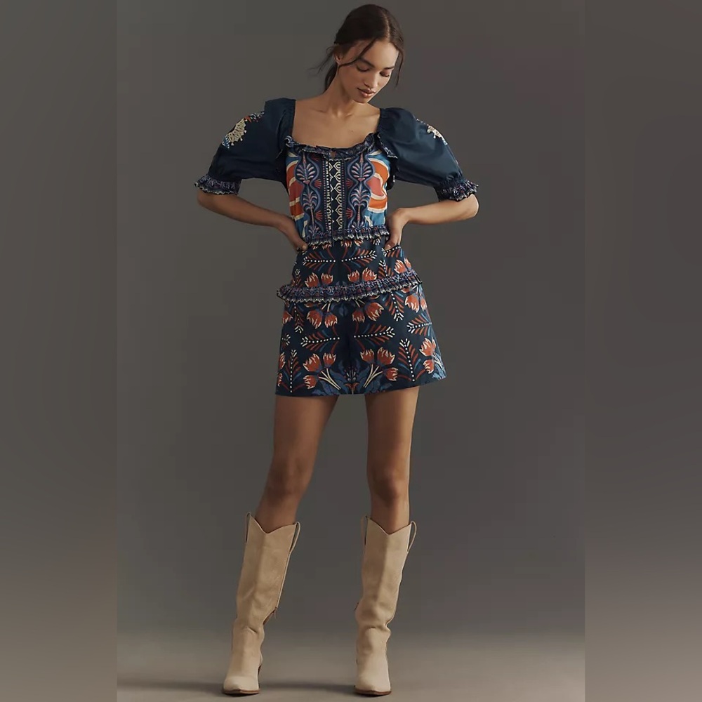 FARM Rio Navy Embroidered Floral Romper with Coral & Cream Accents